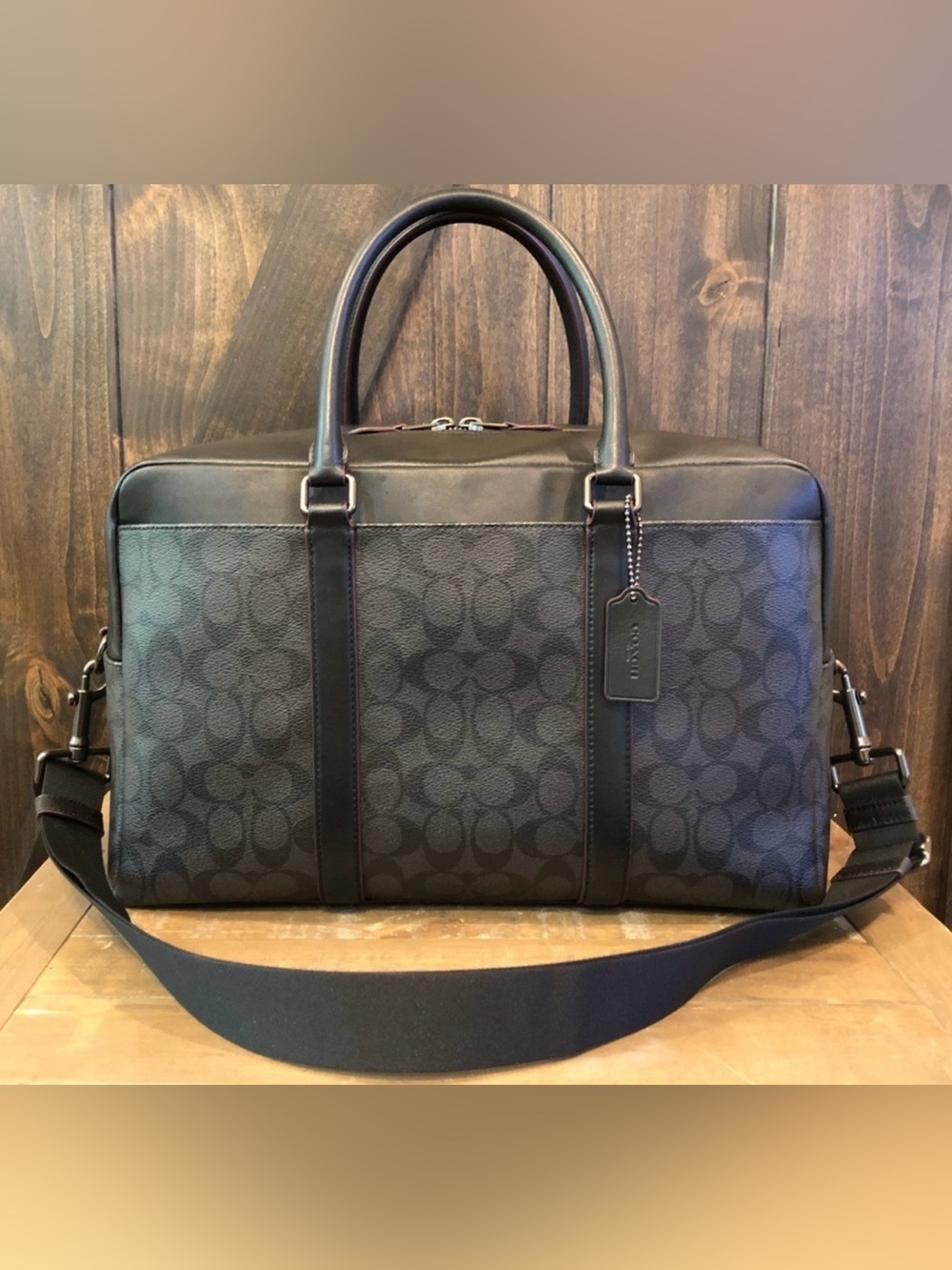 Coach Metropolitan Signature Canvas Leather Laptop Briefcase Messenger Bag Black